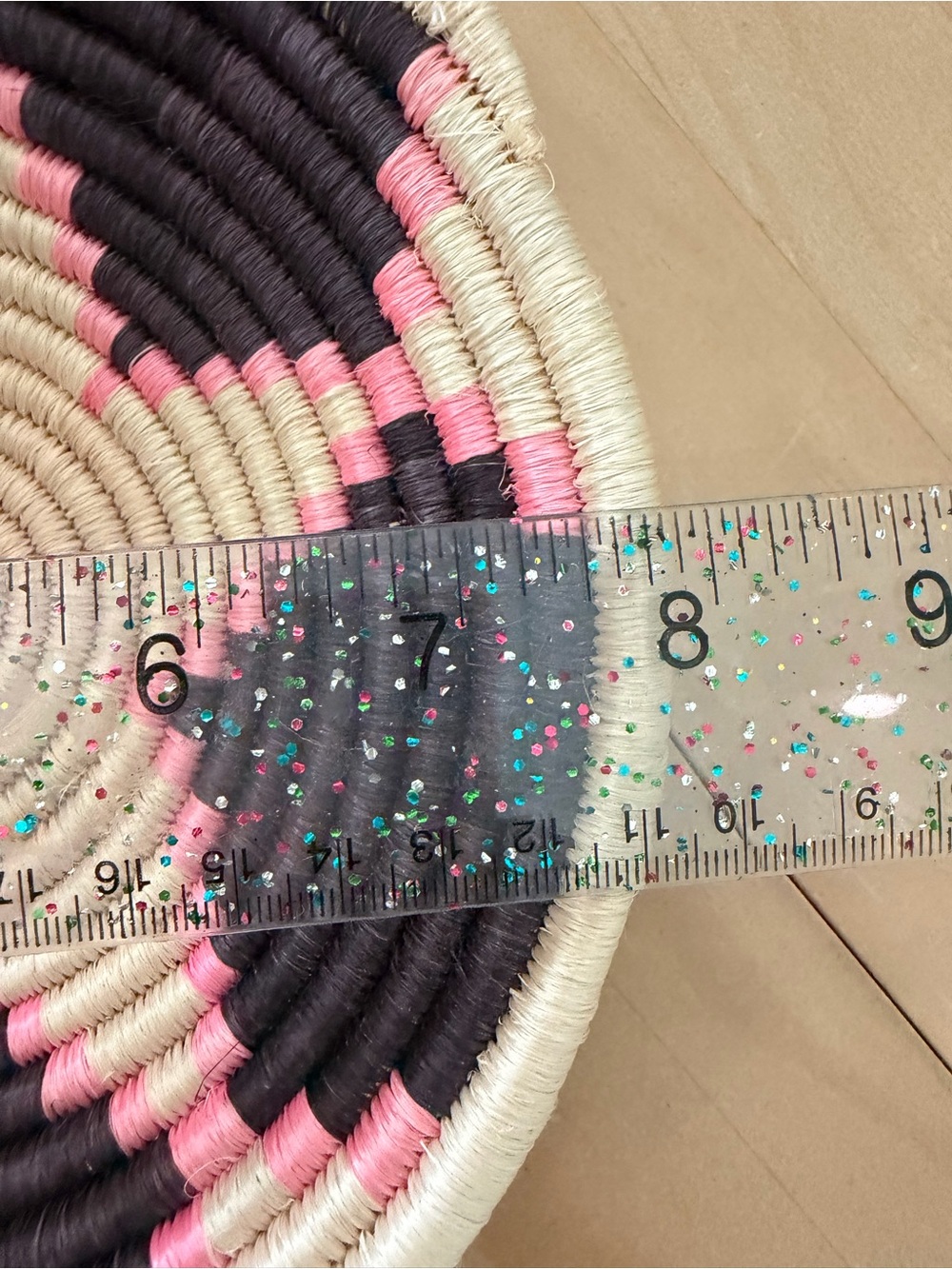 African Handwoven Decorative Basket tray in Black, cream, & bright Pink. - Picture 5 of 5